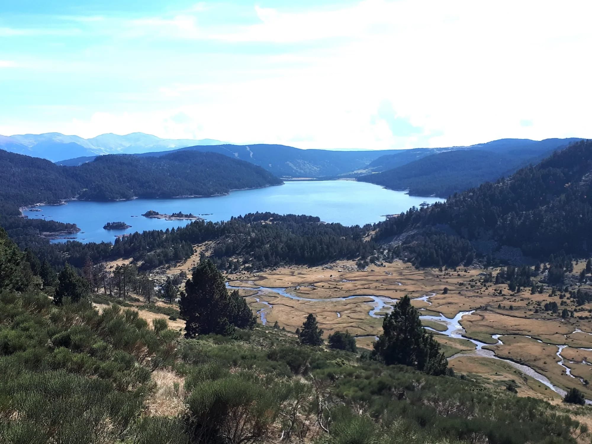 Le lac des Bouillouses vu d'en haut, entouré de forêts de pins, et les méandres de la Têt